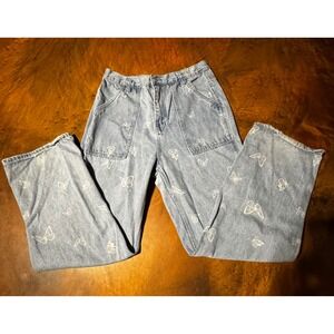 Simple Society Wide Leg‎ Jeans Butterfly Print Denim Pants Women's
